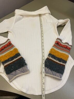 Free People Cream Ribbed Sweater with Multicolor Patterned Bell Sleeves